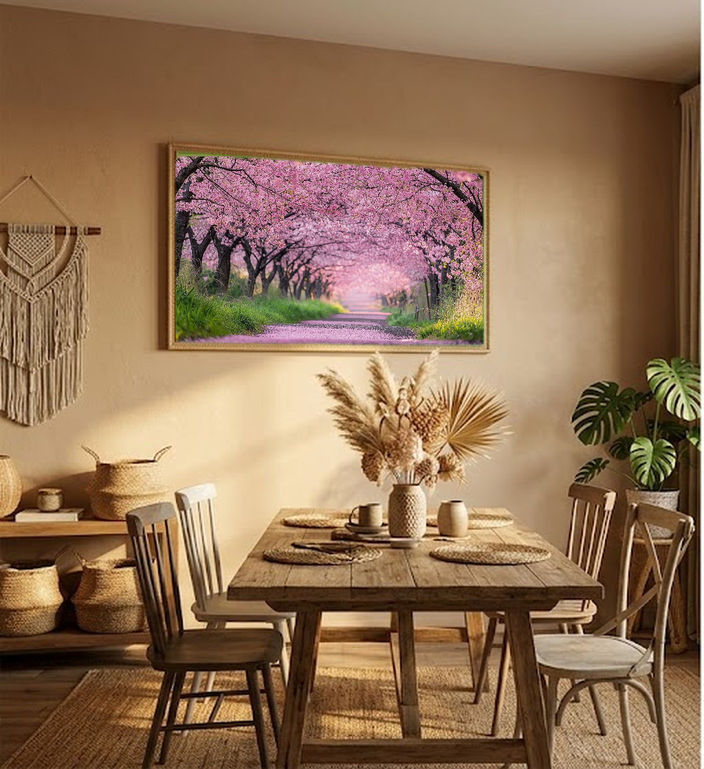 Cherry Blossom Path Canvas Wall Art | Japanese Sakura Print, Spring Decor, Asian Botanical, Stretched Canvas — cherry-blossom-path-hallway-wall-art.jpg