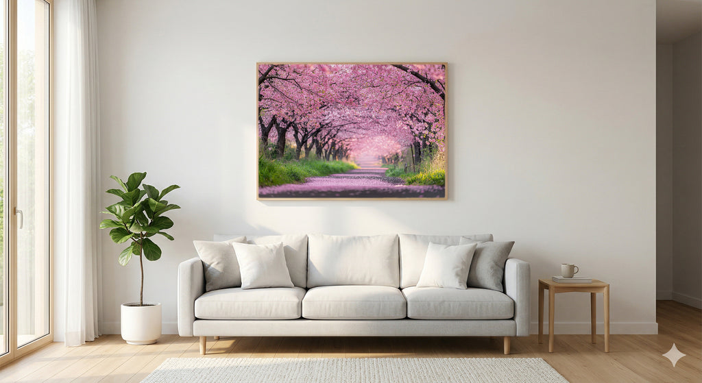 Cherry Blossom Path Canvas Wall Art | Japanese Sakura Print, Spring Decor, Asian Botanical, Stretched Canvas — cherry-blossom-path-living-room-wall-art.jpg