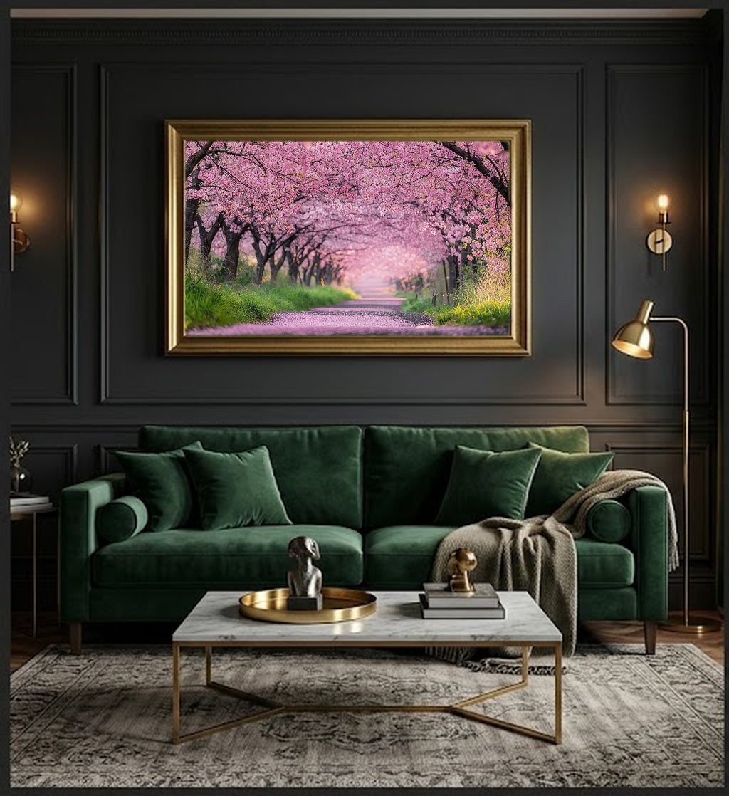 Cherry Blossom Path Canvas Wall Art | Japanese Sakura Print, Spring Decor, Asian Botanical, Stretched Canvas — cherry-blossom-path-office-wall-art.jpg