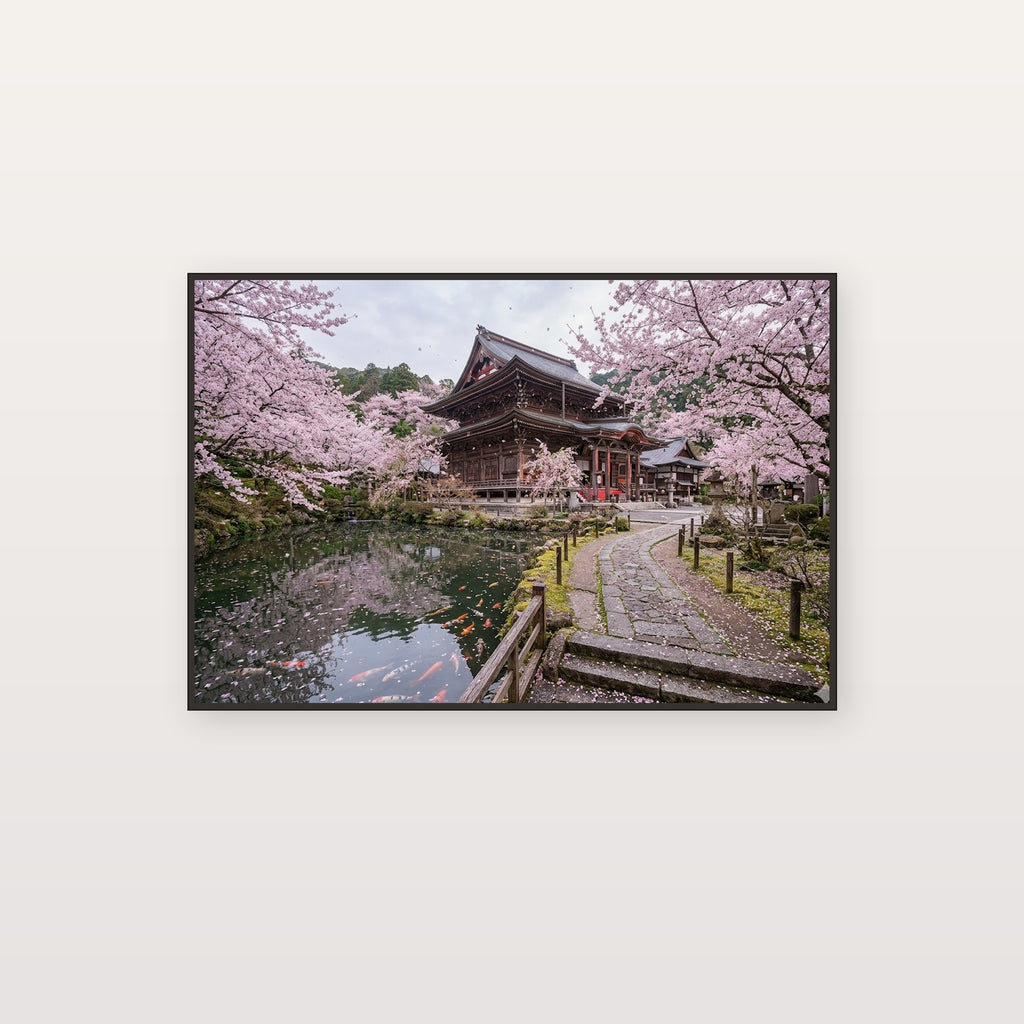 Cherry Blossom Temple Canvas Wall Art - Japanese Spring Print, Sakura Tree, Asian Decor, Stretched Canvas — cherry blossom temple canvas print