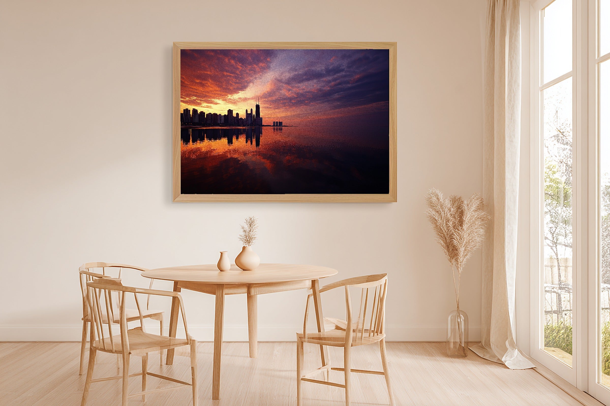 Warm Old-Town Chicago Skyline Sunset Canvas Wall Art — Cozy Print for the Modern Loft, A Gift the City Wanderer Will Adore — chicago-skyline-sunset-dining-room-wall-art.jpg