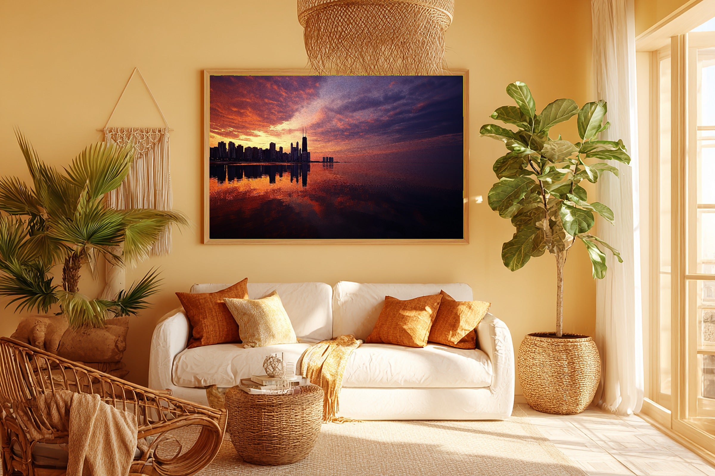 Warm Old-Town Chicago Skyline Sunset Canvas Wall Art — Cozy Print for the Modern Loft, A Gift the City Wanderer Will Adore — chicago-skyline-sunset-room-5-wall-art.jpg