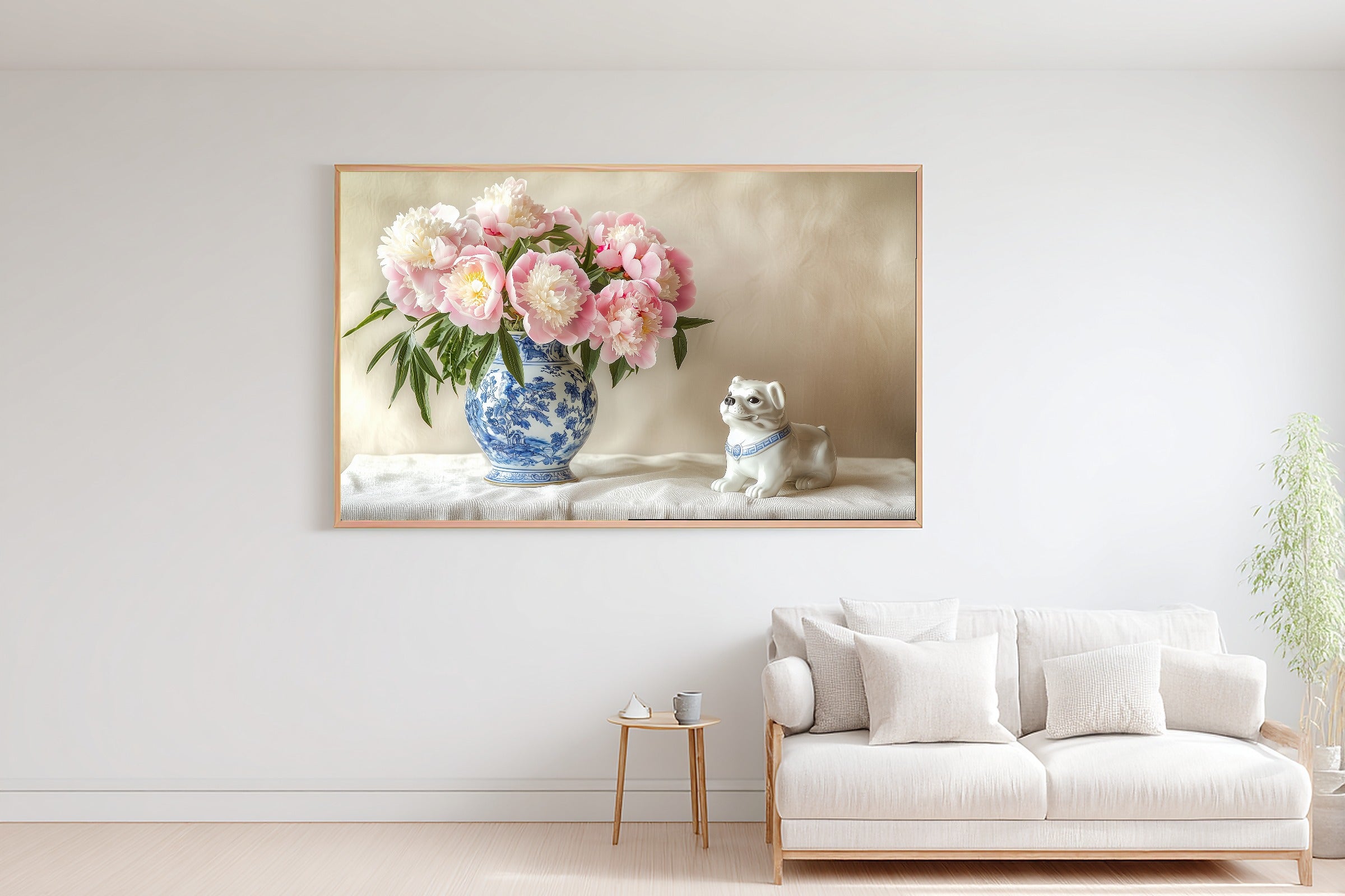 Chinoiserie Peonies Foo Dog Sunlit Palm Wall Art — Heartfelt Print for the Sunroom, Stretched Canvas Gift for the Island-Loving Friend — chinoiserie-peonies-foo-dog-bedroom-wall-art.jpg