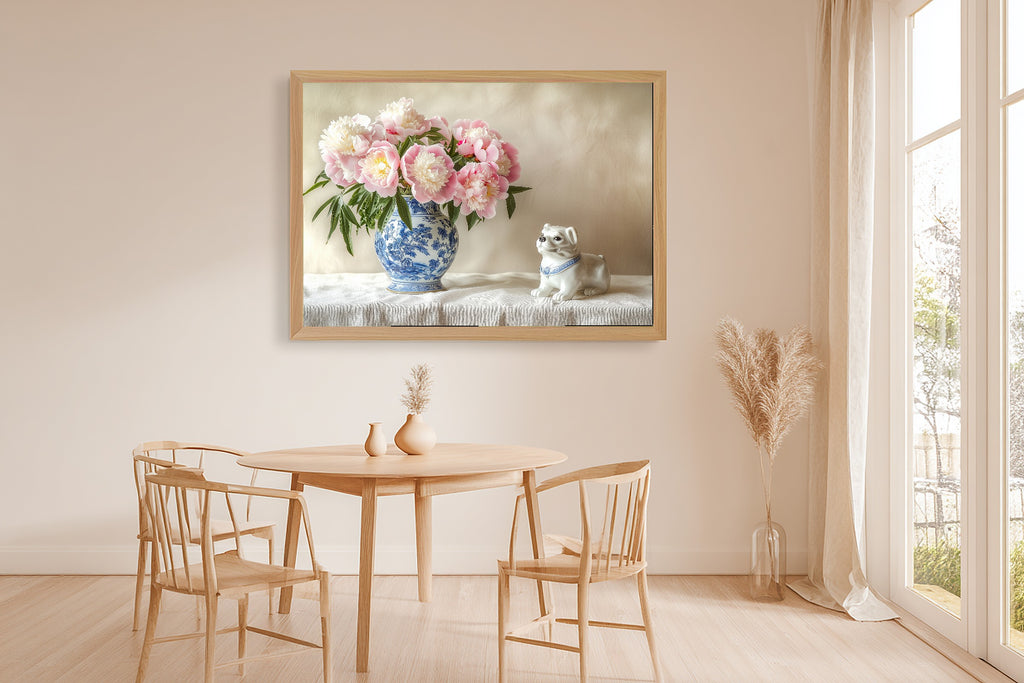 Chinoiserie Peonies Foo Dog Sunlit Palm Wall Art — Heartfelt Print for the Sunroom, Stretched Canvas Gift for the Island-Loving Friend — chinoiserie-peonies-foo-dog-dining-room-wall-art.jpg