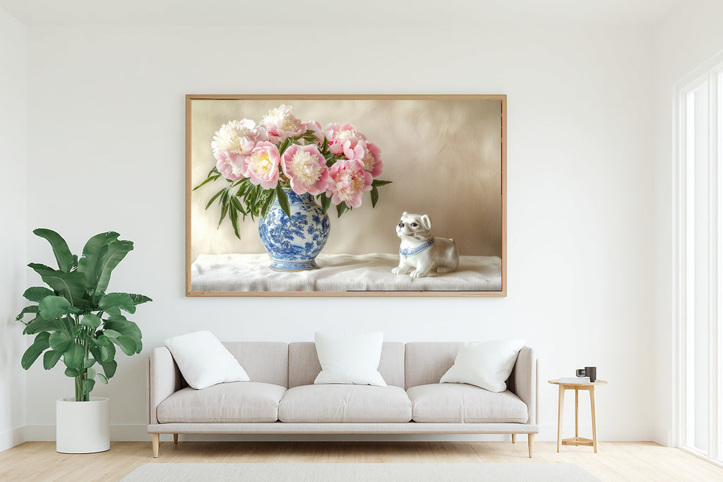 Chinoiserie Peonies Foo Dog Sunlit Palm Wall Art — Heartfelt Print for the Sunroom, Stretched Canvas Gift for the Island-Loving Friend — chinoiserie-peonies-foo-dog-living-room-wall-art.jpg