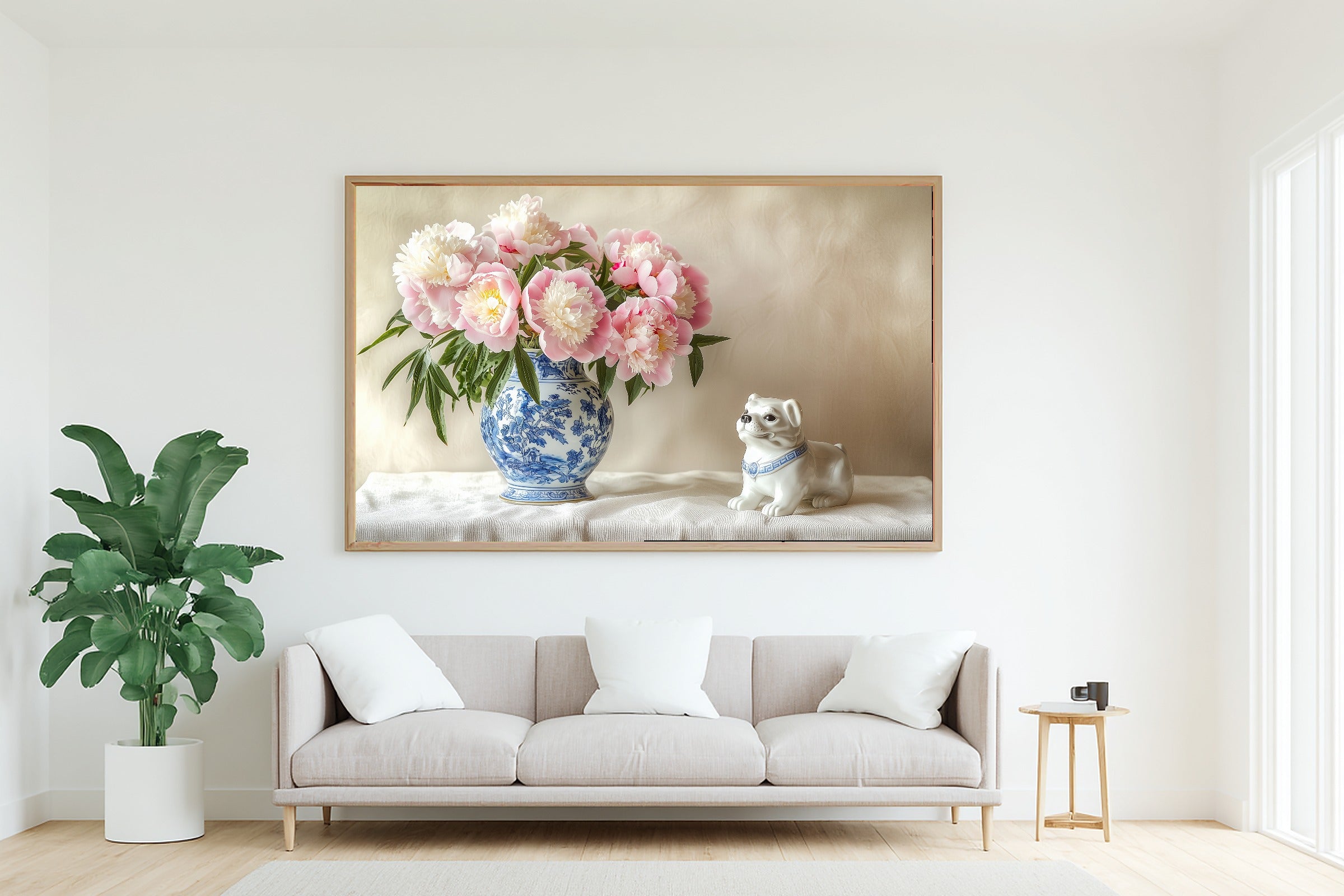 Chinoiserie Peonies Foo Dog Sunlit Palm Wall Art — Heartfelt Print for the Sunroom, Stretched Canvas Gift for the Island-Loving Friend — chinoiserie-peonies-foo-dog-living-room-wall-art.jpg