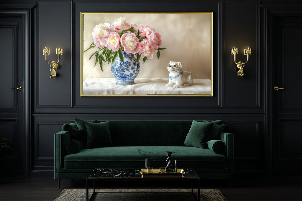 Chinoiserie Peonies Foo Dog Sunlit Palm Wall Art — Heartfelt Print for the Sunroom, Stretched Canvas Gift for the Island-Loving Friend — chinoiserie-peonies-foo-dog-office-wall-art.jpg
