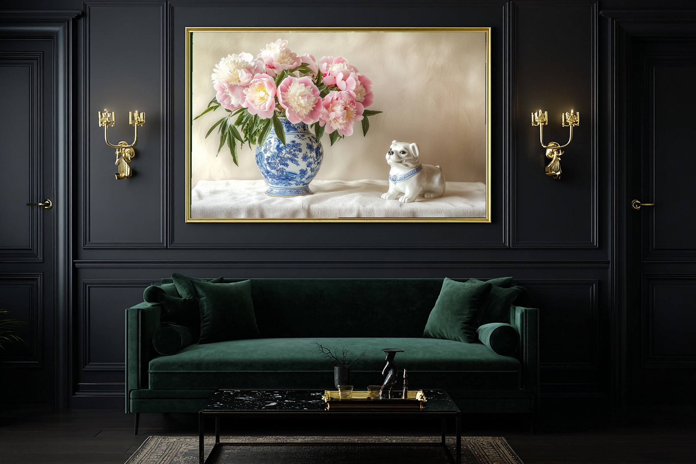 Chinoiserie Peonies Foo Dog Sunlit Palm Wall Art — Heartfelt Print for the Sunroom, Stretched Canvas Gift for the Island-Loving Friend — chinoiserie-peonies-foo-dog-office-wall-art.jpg