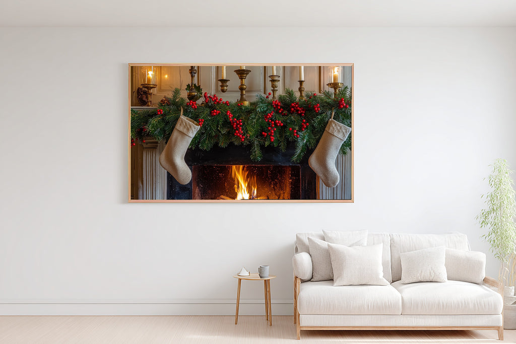 Glowing Midnight Christmas Mantel Stockings Greens Art Print — Timeless Decor for the Bedroom — christmas-mantel-stockings-greens-bedroom-wall-art.jpg