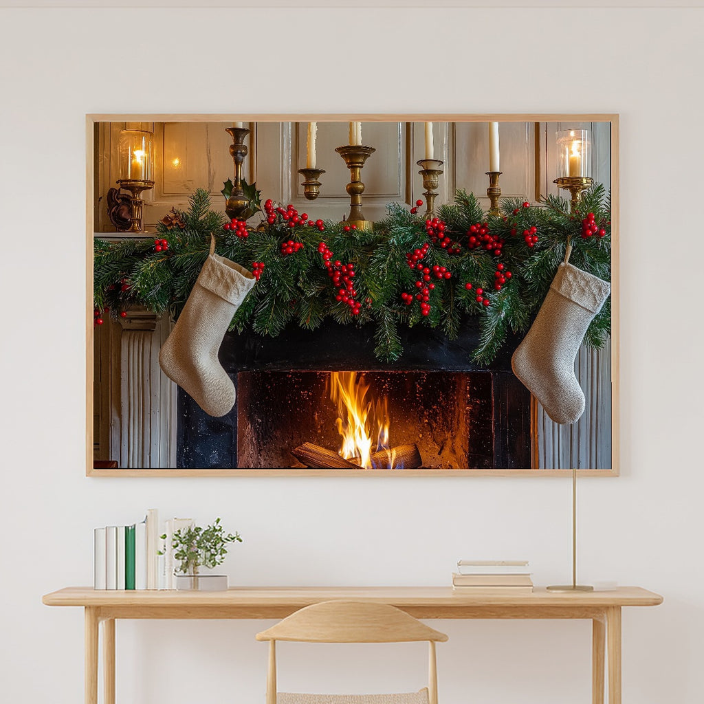 Glowing Midnight Christmas Mantel Stockings Greens Art Print — Timeless Decor for the Bedroom — christmas-mantel-stockings-greens-canvas-print.jpg