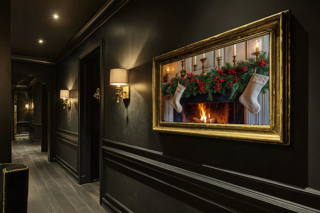 Glowing Midnight Christmas Mantel Stockings Greens Art Print — Timeless Decor for the Bedroom — christmas-mantel-stockings-greens-hallway-wall-art.jpg