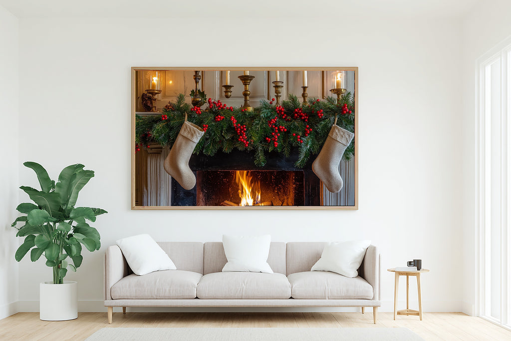 Glowing Midnight Christmas Mantel Stockings Greens Art Print — Timeless Decor for the Bedroom — christmas-mantel-stockings-greens-living-room-wall-art.jpg
