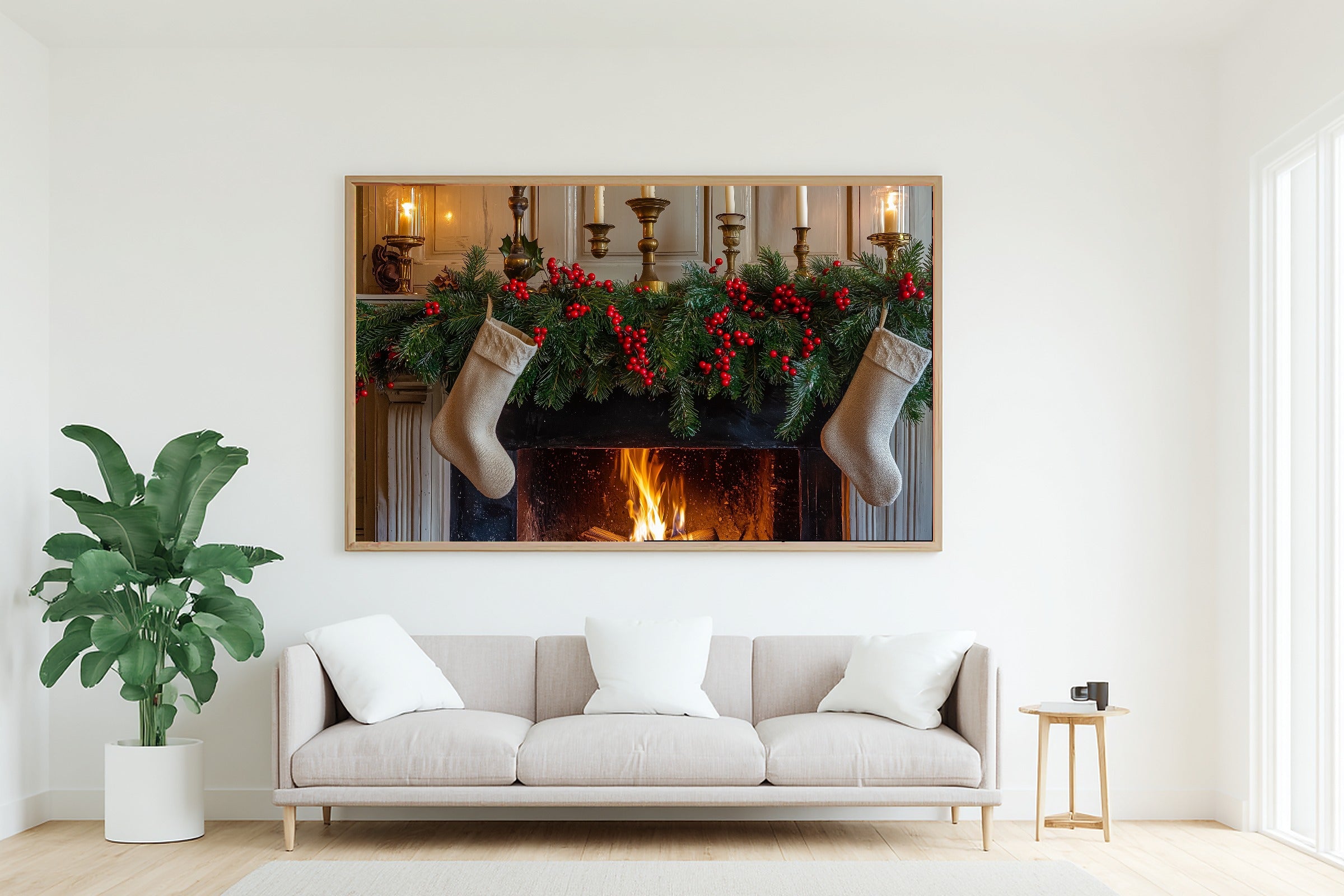 Glowing Midnight Christmas Mantel Stockings Greens Art Print — Timeless Decor for the Bedroom — christmas-mantel-stockings-greens-living-room-wall-art.jpg
