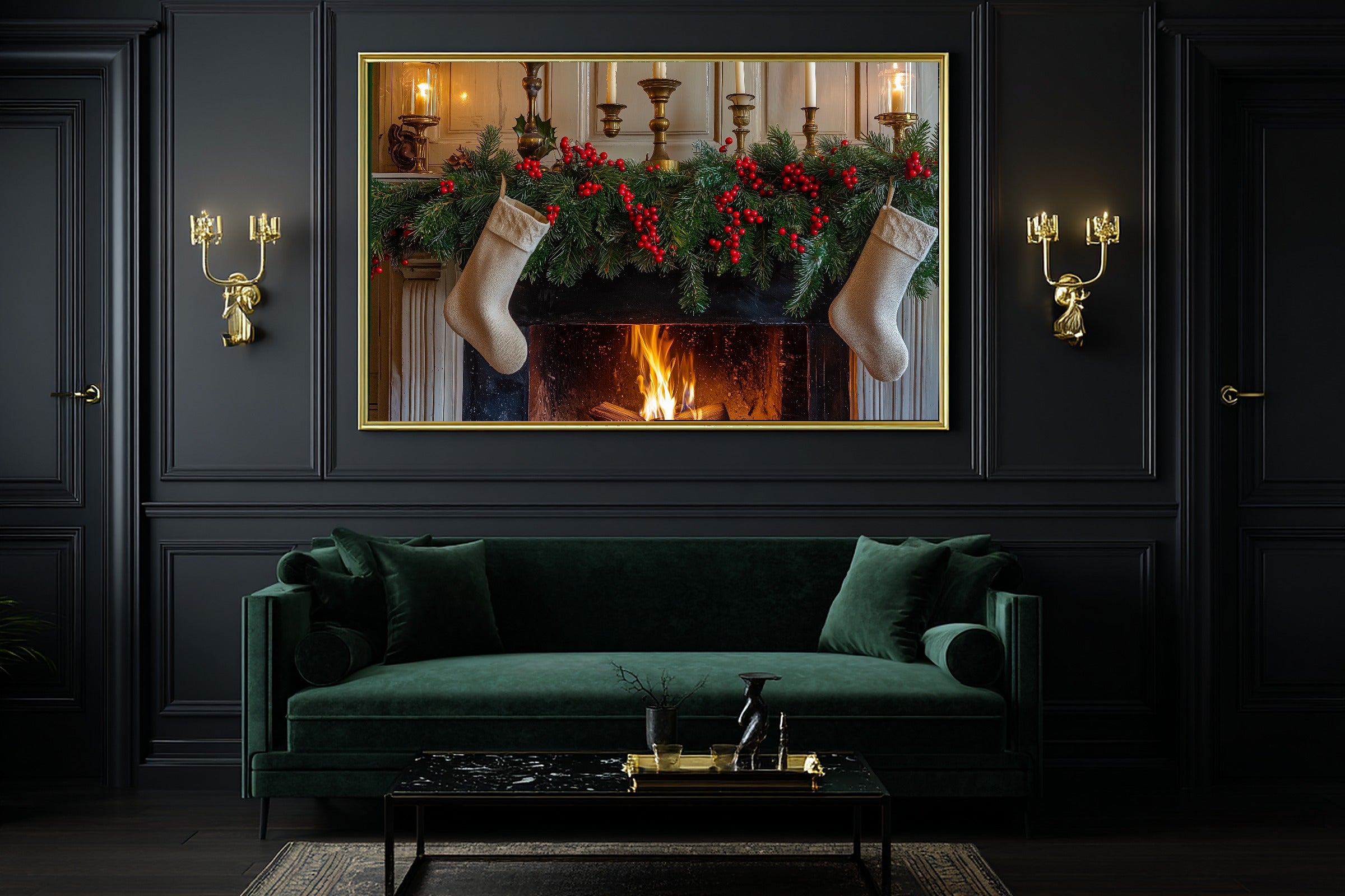 Glowing Midnight Christmas Mantel Stockings Greens Art Print — Timeless Decor for the Bedroom — christmas-mantel-stockings-greens-office-wall-art.jpg