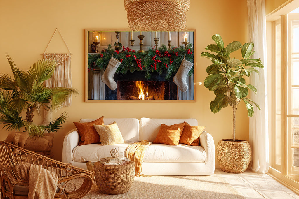Glowing Midnight Christmas Mantel Stockings Greens Art Print — Timeless Decor for the Bedroom — christmas-mantel-stockings-greens-room-5-wall-art.jpg