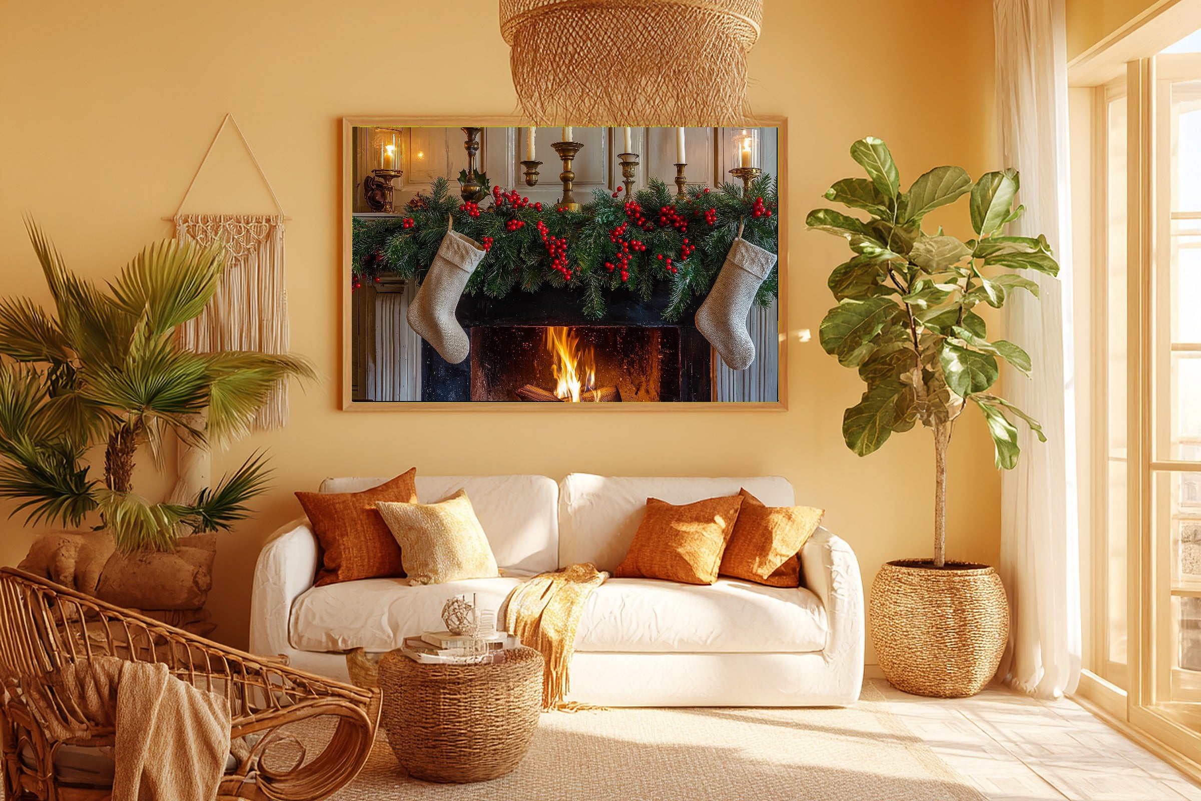 Glowing Midnight Christmas Mantel Stockings Greens Art Print — Timeless Decor for the Bedroom — christmas-mantel-stockings-greens-room-5-wall-art.jpg