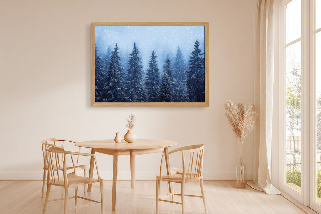 Soft Nordic Christmas Nordic Fir Forest Snow Art Print — Moody Midnight Decor for the Bedroom — christmas-nordic-fir-forest-snow-dining-room-wall-art.jpg