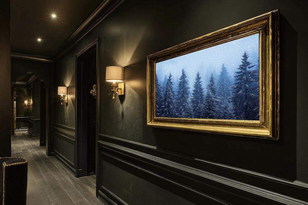 Soft Nordic Christmas Nordic Fir Forest Snow Art Print — Moody Midnight Decor for the Bedroom — christmas-nordic-fir-forest-snow-hallway-wall-art.jpg