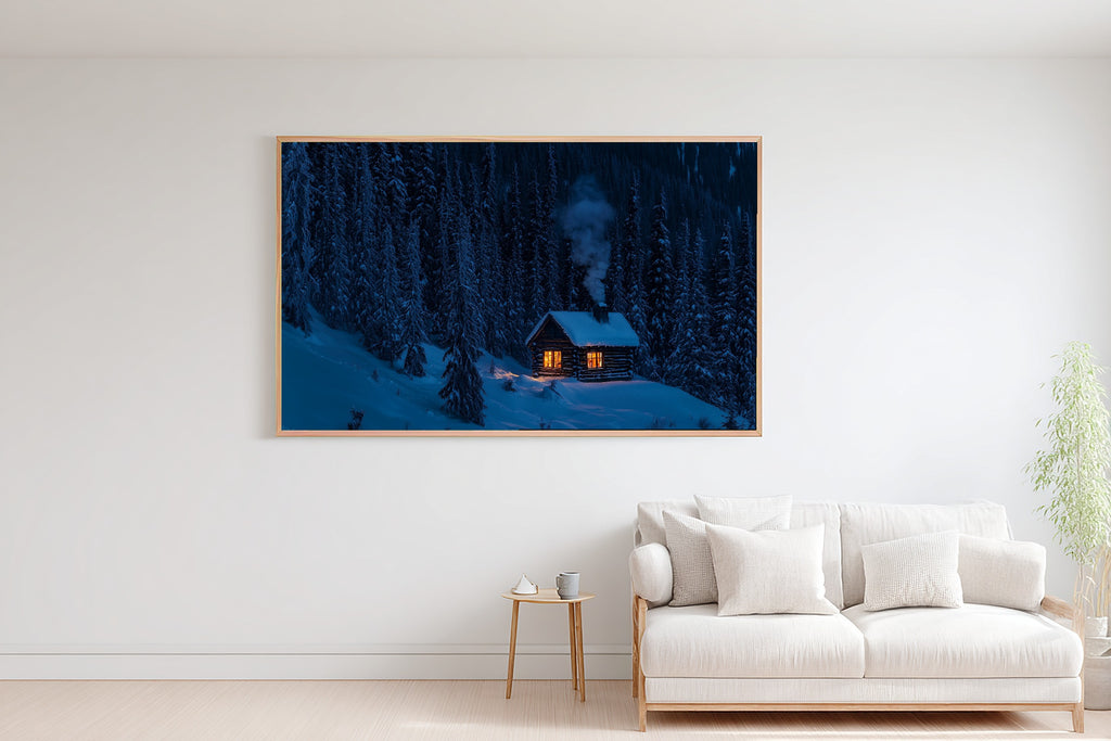 Soft Nordic Christmas Snowy Cabin Warm Window Art Print — Deep Winter Night Decor for the Bedroom — christmas-snowy-cabin-warm-window-bedroom-wall-art.jpg