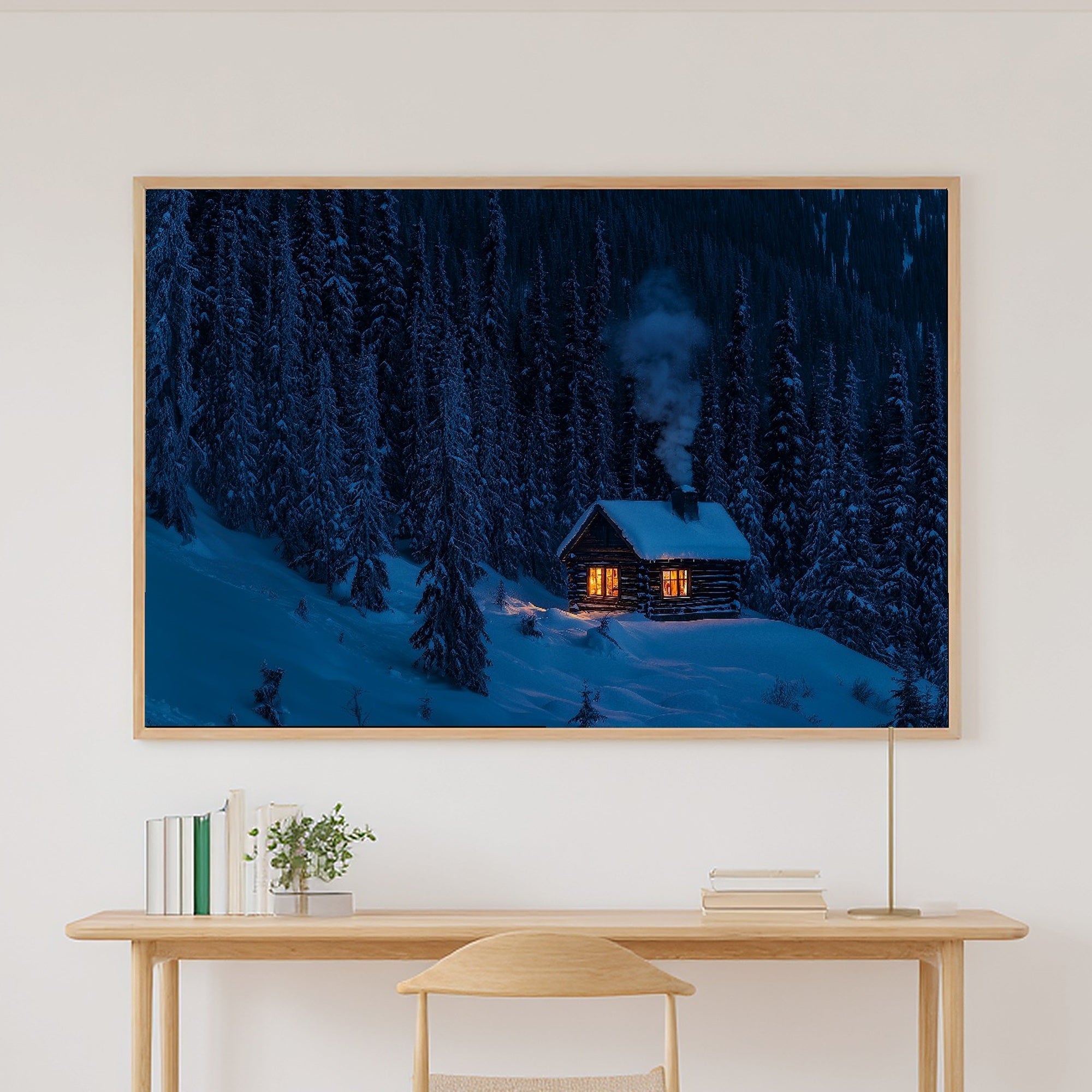 Soft Nordic Christmas Snowy Cabin Warm Window Art Print — Deep Winter Night Decor for the Bedroom — christmas-snowy-cabin-warm-window-canvas-print.jpg