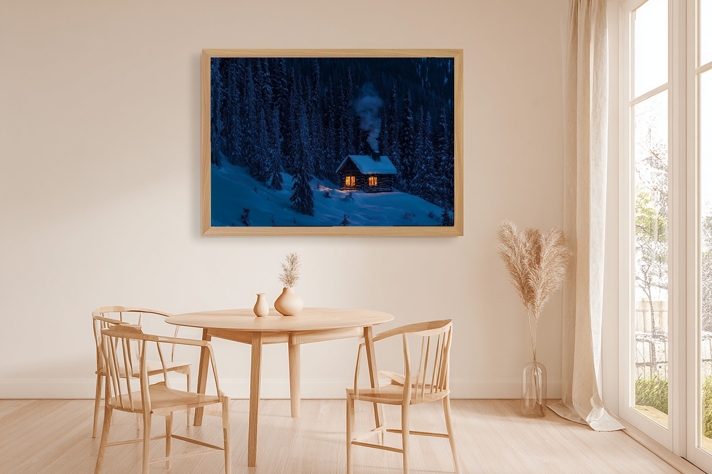 Soft Nordic Christmas Snowy Cabin Warm Window Art Print — Deep Winter Night Decor for the Bedroom — christmas-snowy-cabin-warm-window-dining-room-wall-art.jpg