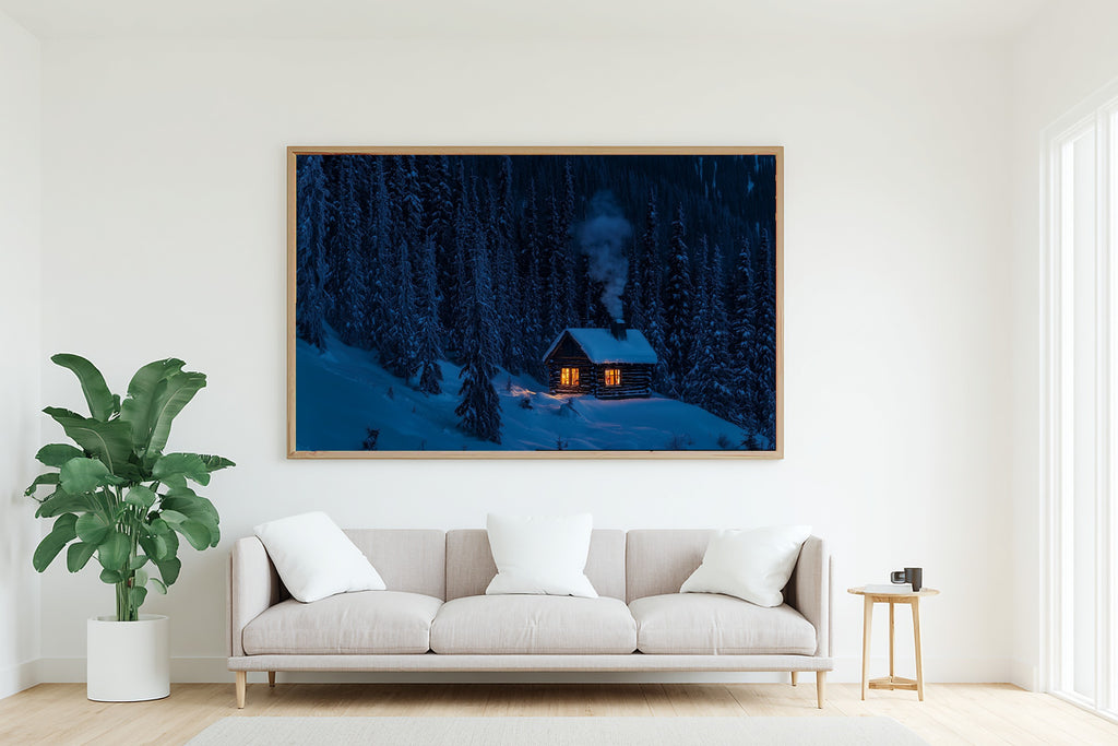 Soft Nordic Christmas Snowy Cabin Warm Window Art Print — Deep Winter Night Decor for the Bedroom — christmas-snowy-cabin-warm-window-living-room-wall-art.jpg