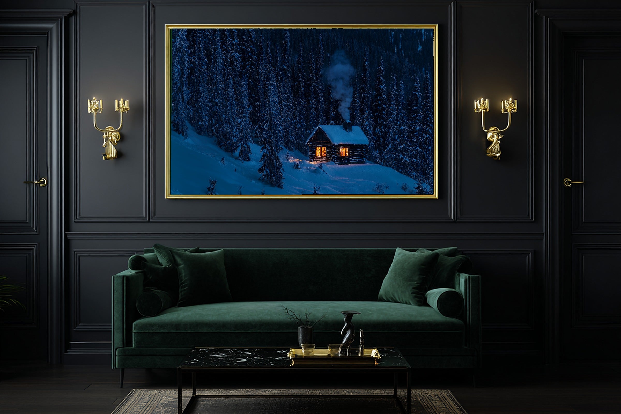 Soft Nordic Christmas Snowy Cabin Warm Window Art Print — Deep Winter Night Decor for the Bedroom — christmas-snowy-cabin-warm-window-office-wall-art.jpg