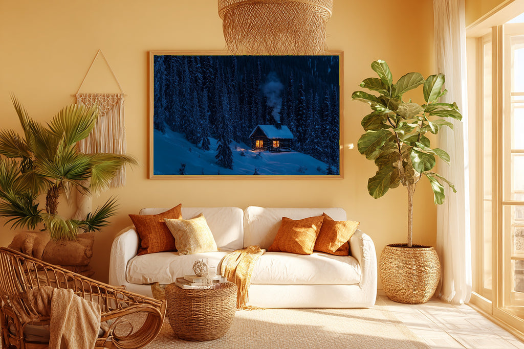 Soft Nordic Christmas Snowy Cabin Warm Window Art Print — Deep Winter Night Decor for the Bedroom — christmas-snowy-cabin-warm-window-room-5-wall-art.jpg
