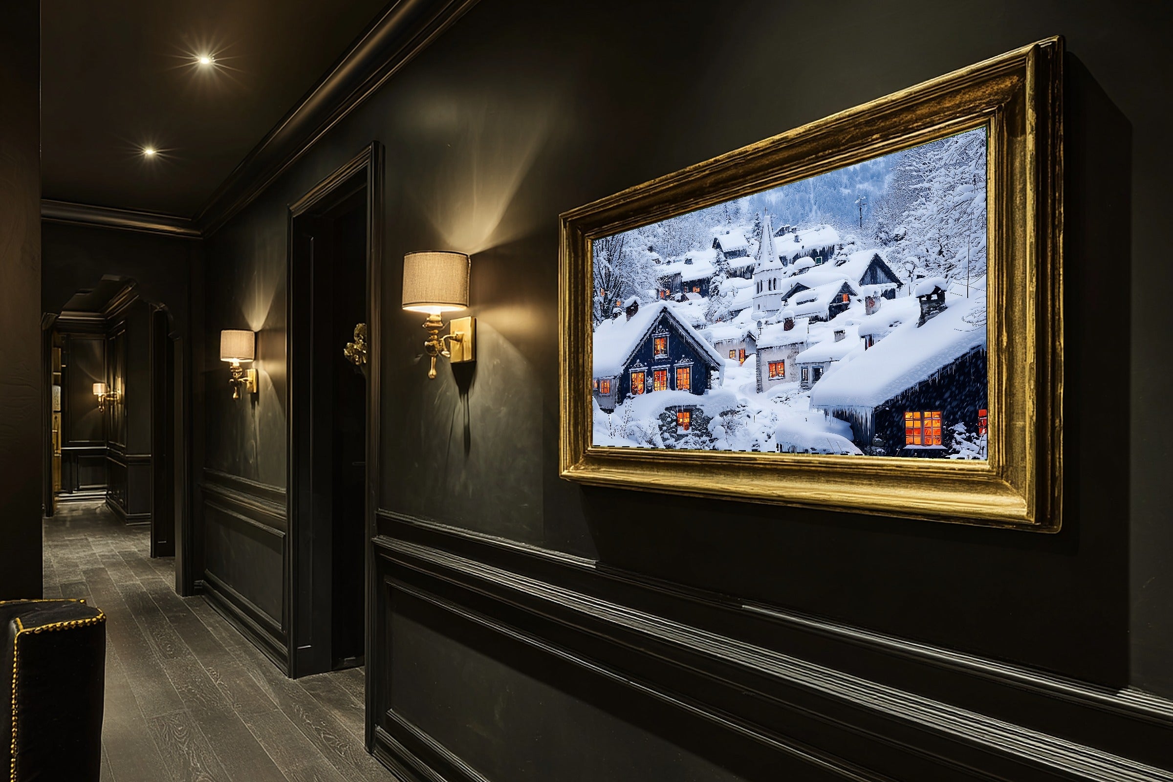 Hand-picked Christmas Village Snow Painterly Giclée Print — Dreamy Glowing Midnight for the Bedroom — christmas-village-snow-painterly-hallway-wall-art.jpg
