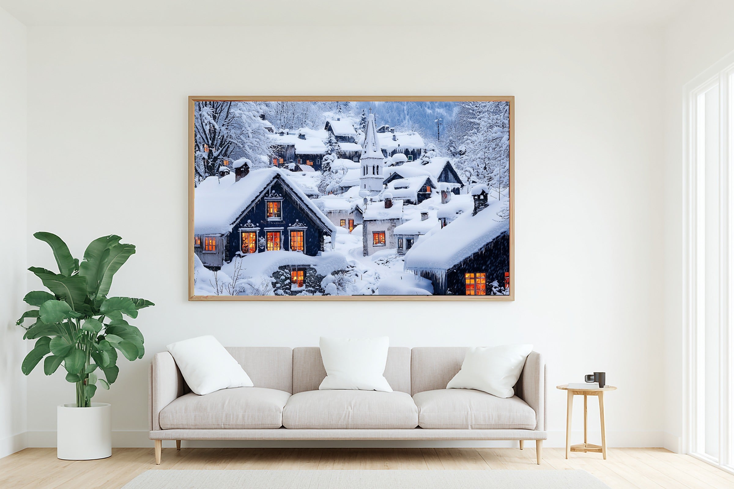 Hand-picked Christmas Village Snow Painterly Giclée Print — Dreamy Glowing Midnight for the Bedroom — christmas-village-snow-painterly-living-room-wall-art.jpg