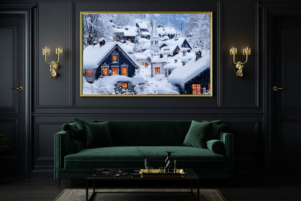Hand-picked Christmas Village Snow Painterly Giclée Print — Dreamy Glowing Midnight for the Bedroom — christmas-village-snow-painterly-office-wall-art.jpg