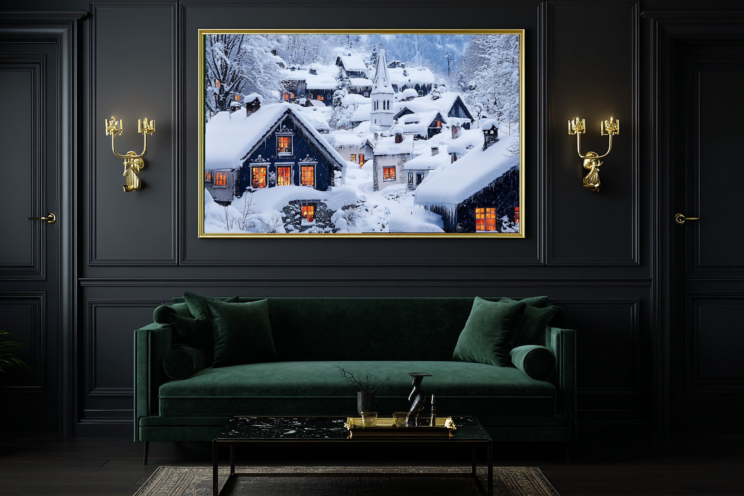 Hand-picked Christmas Village Snow Painterly Giclée Print — Dreamy Glowing Midnight for the Bedroom — christmas-village-snow-painterly-office-wall-art.jpg