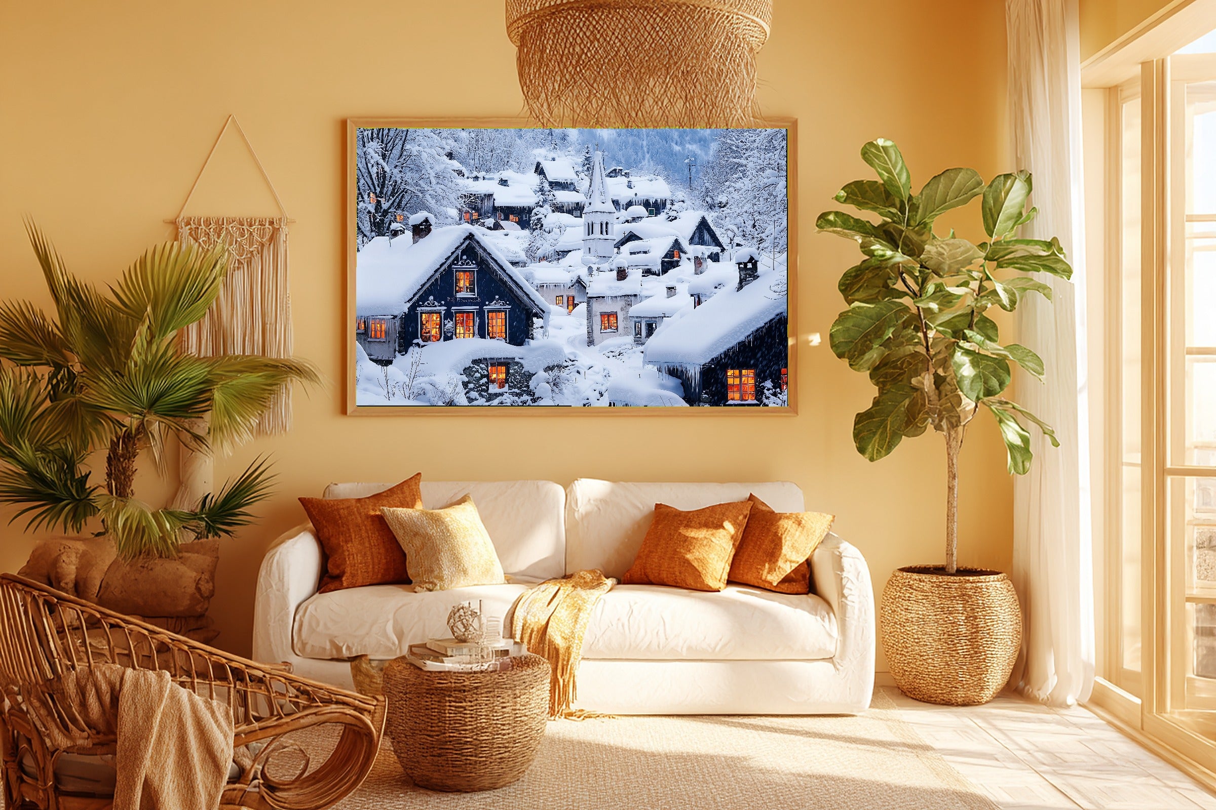 Hand-picked Christmas Village Snow Painterly Giclée Print — Dreamy Glowing Midnight for the Bedroom — christmas-village-snow-painterly-room-5-wall-art.jpg