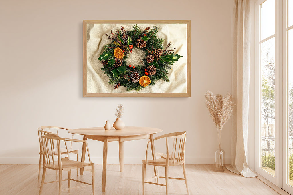 Timeless Christmas Wreath Botanical Plate — Moody Aurora Wall Art, Warm Bedroom Decor, Stretched Canvas, Ready to Hang — christmas-wreath-botanical-plate-dining-room-wall-art.jpg