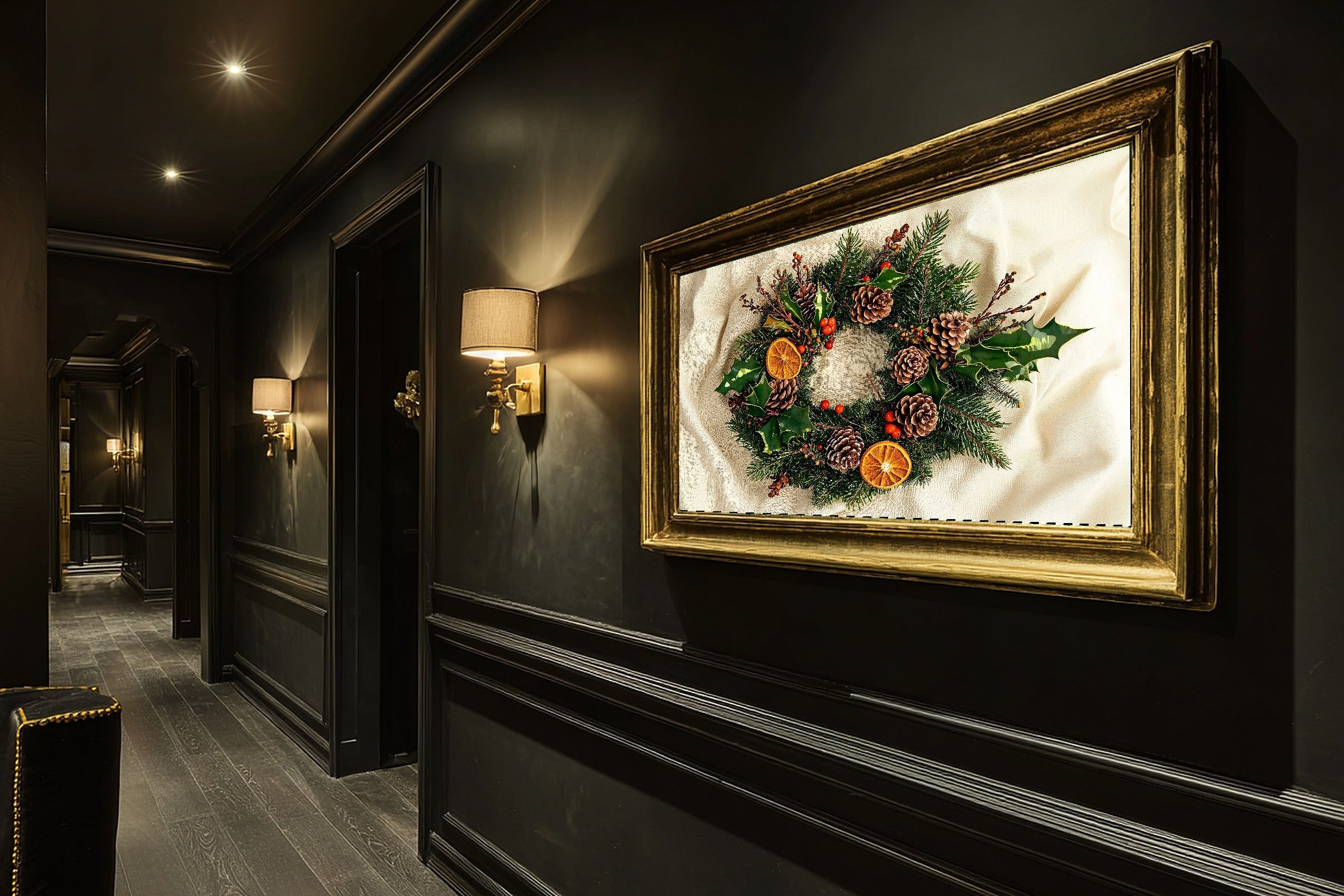Timeless Christmas Wreath Botanical Plate — Moody Aurora Wall Art, Warm Bedroom Decor, Stretched Canvas, Ready to Hang — christmas-wreath-botanical-plate-hallway-wall-art.jpg