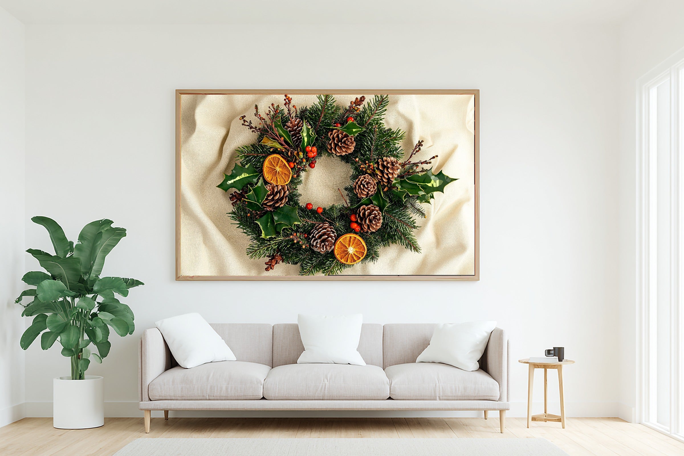 Timeless Christmas Wreath Botanical Plate — Moody Aurora Wall Art, Warm Bedroom Decor, Stretched Canvas, Ready to Hang — christmas-wreath-botanical-plate-living-room-wall-art.jpg