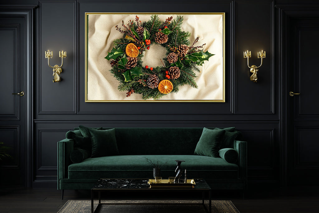 Timeless Christmas Wreath Botanical Plate — Moody Aurora Wall Art, Warm Bedroom Decor, Stretched Canvas, Ready to Hang — christmas-wreath-botanical-plate-office-wall-art.jpg