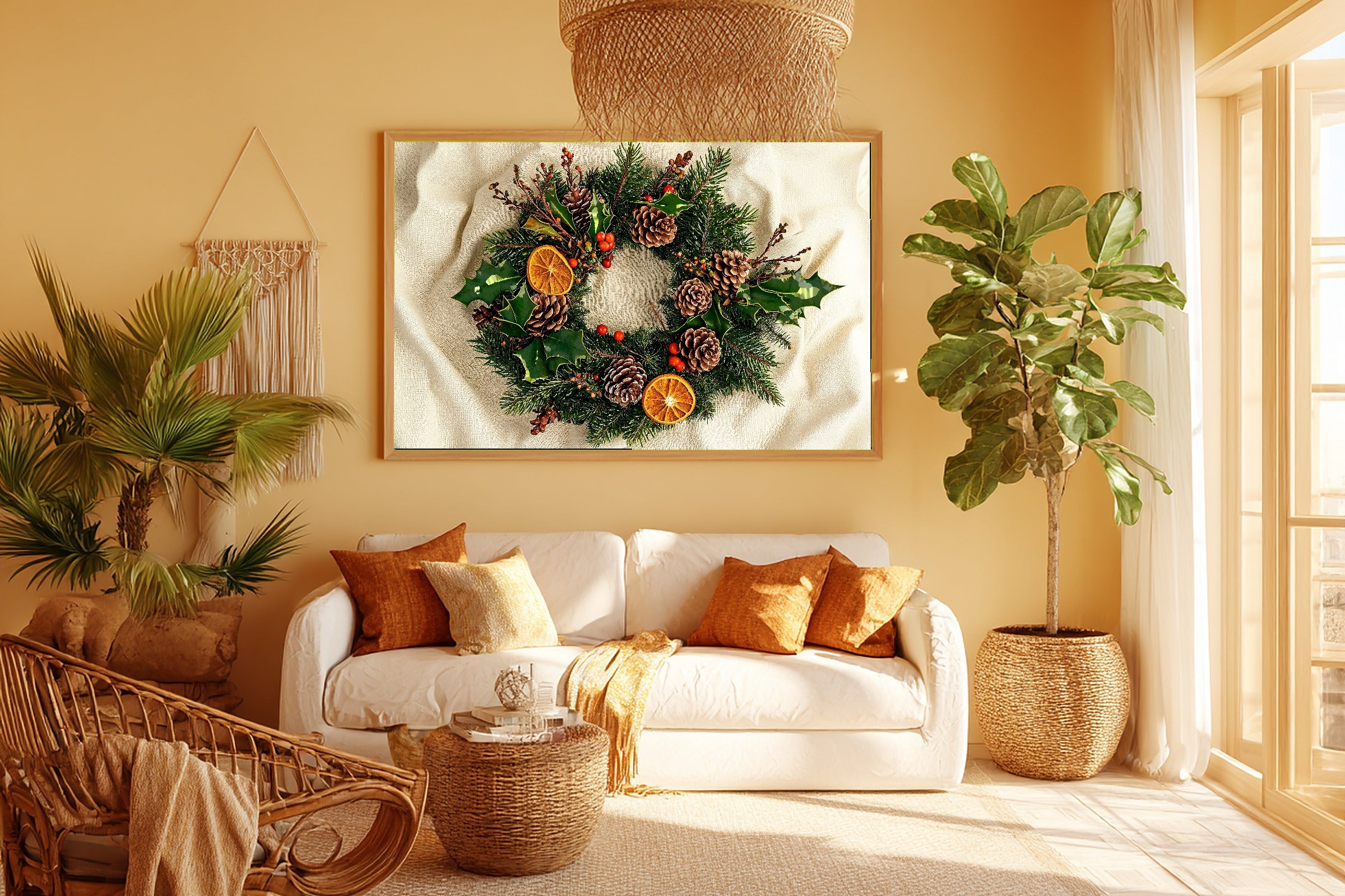 Timeless Christmas Wreath Botanical Plate — Moody Aurora Wall Art, Warm Bedroom Decor, Stretched Canvas, Ready to Hang — christmas-wreath-botanical-plate-room-5-wall-art.jpg