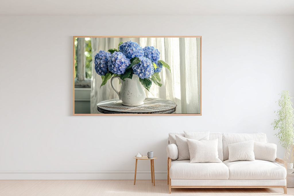 Coastal Hydrangea Blue Jug Soft Paradise Wall Art — Warm Print for the Sunroom, Stretched Canvas Gift for the Island-Loving Friend — coastal-hydrangea-blue-jug-bedroom-wall-art.jpg