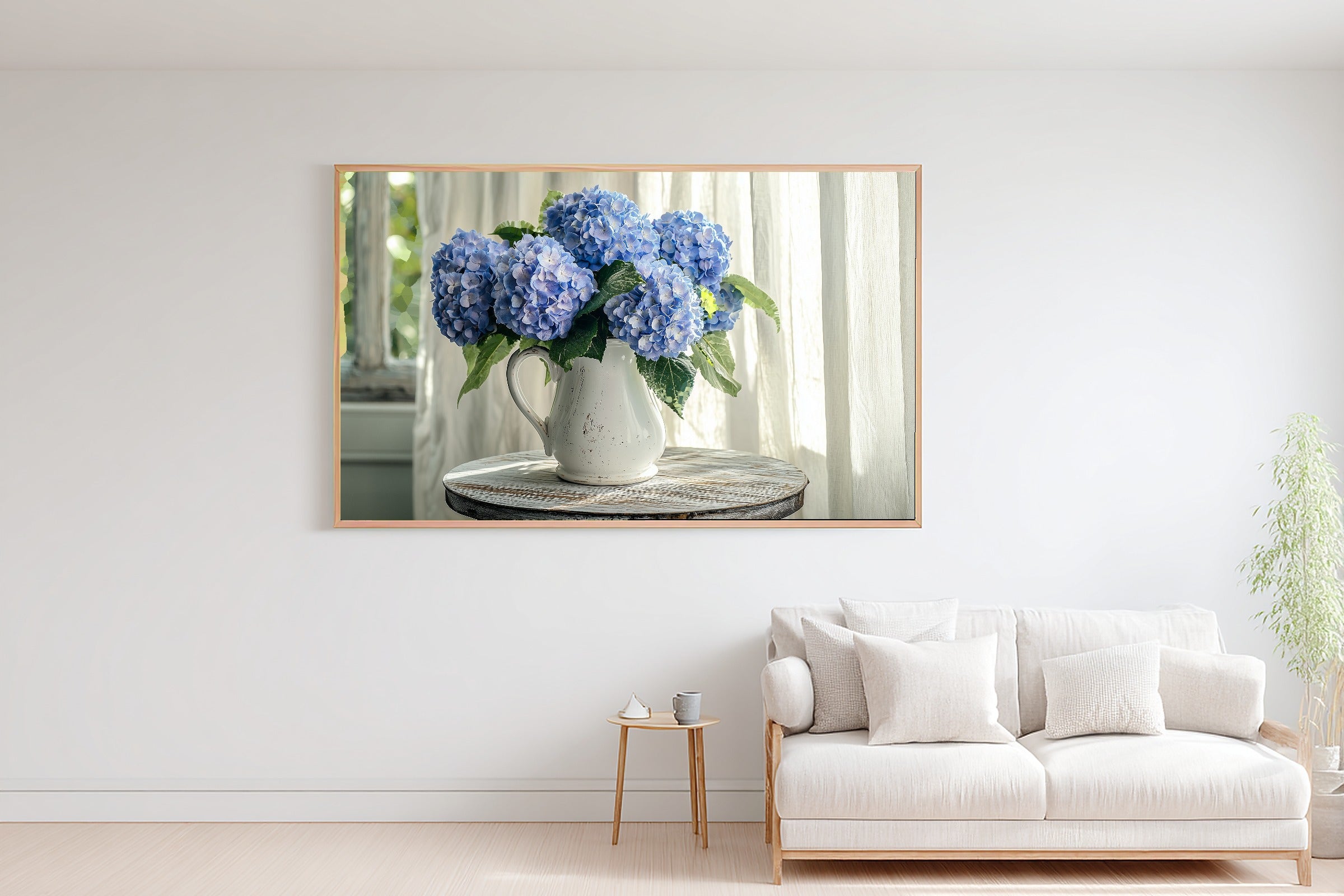 Coastal Hydrangea Blue Jug Soft Paradise Wall Art — Warm Print for the Sunroom, Stretched Canvas Gift for the Island-Loving Friend — coastal-hydrangea-blue-jug-bedroom-wall-art.jpg