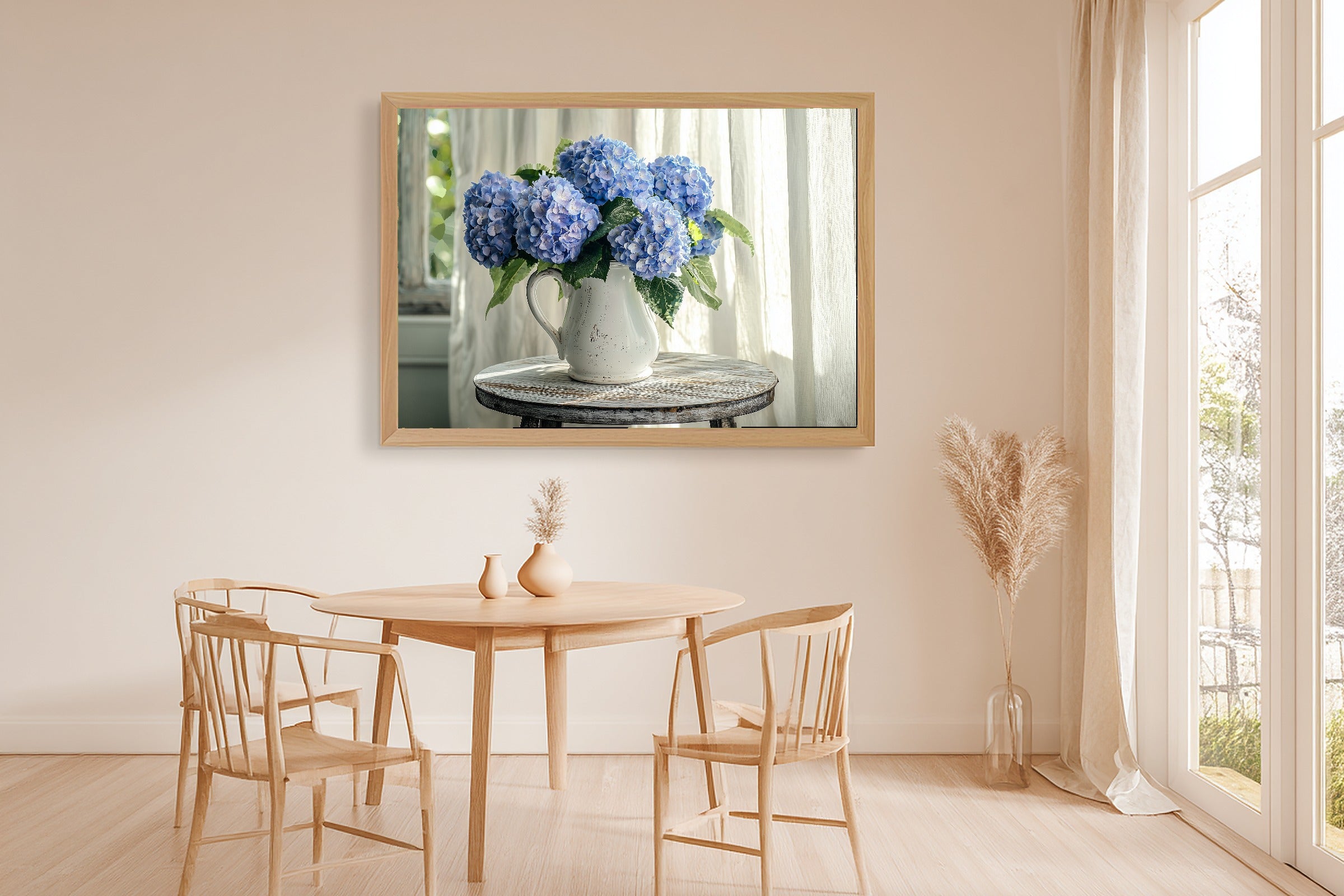 Coastal Hydrangea Blue Jug Soft Paradise Wall Art — Warm Print for the Sunroom, Stretched Canvas Gift for the Island-Loving Friend — coastal-hydrangea-blue-jug-dining-room-wall-art.jpg