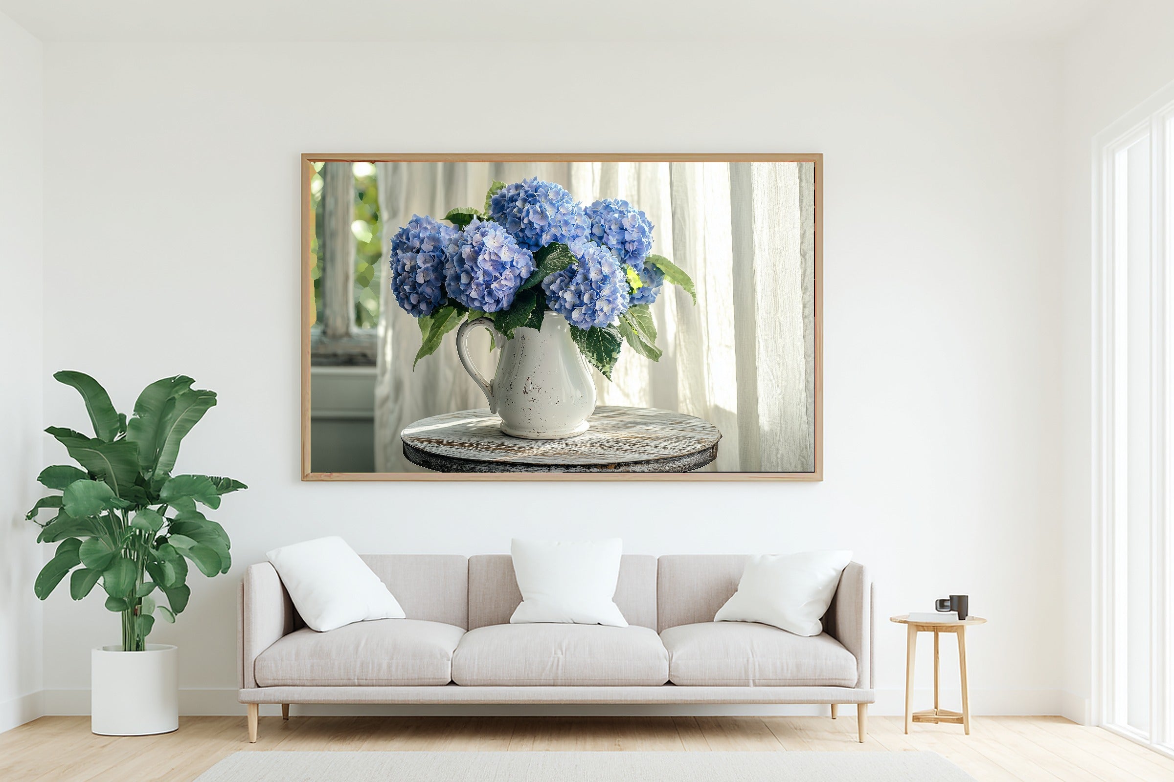 Coastal Hydrangea Blue Jug Soft Paradise Wall Art — Warm Print for the Sunroom, Stretched Canvas Gift for the Island-Loving Friend — coastal-hydrangea-blue-jug-living-room-wall-art.jpg