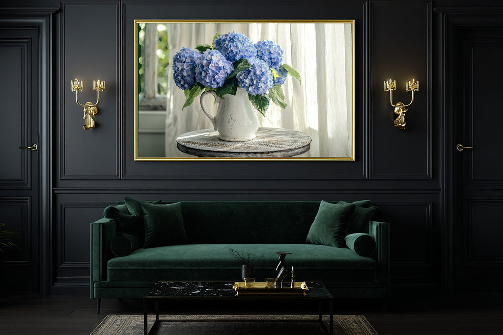 Coastal Hydrangea Blue Jug Soft Paradise Wall Art — Warm Print for the Sunroom, Stretched Canvas Gift for the Island-Loving Friend — coastal-hydrangea-blue-jug-office-wall-art.jpg