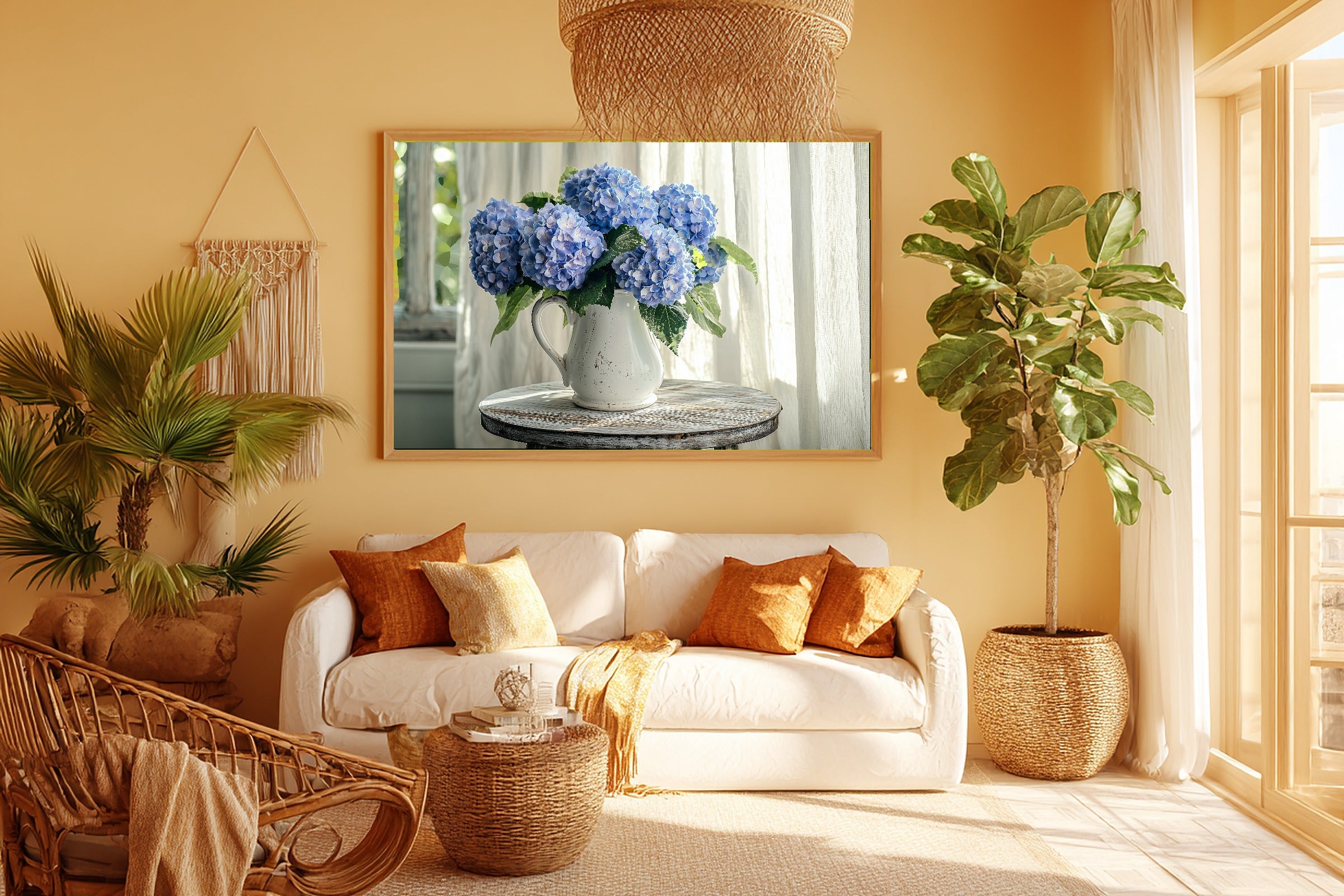 Coastal Hydrangea Blue Jug Soft Paradise Wall Art — Warm Print for the Sunroom, Stretched Canvas Gift for the Island-Loving Friend — coastal-hydrangea-blue-jug-room-5-wall-art.jpg