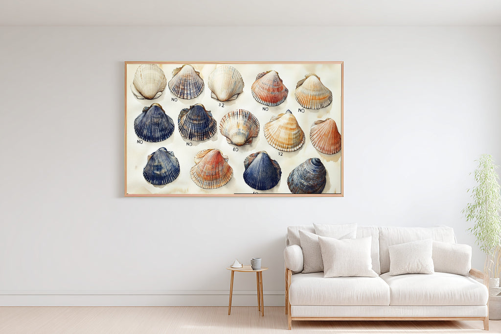 A Dreamy Coastal Shell Collection Blue White Dreamy Tropical Print — Soulful Wall Art for the Sunroom, Giclée on Canvas — coastal-shell-collection-blue-white-bedroom-wall-art.jpg