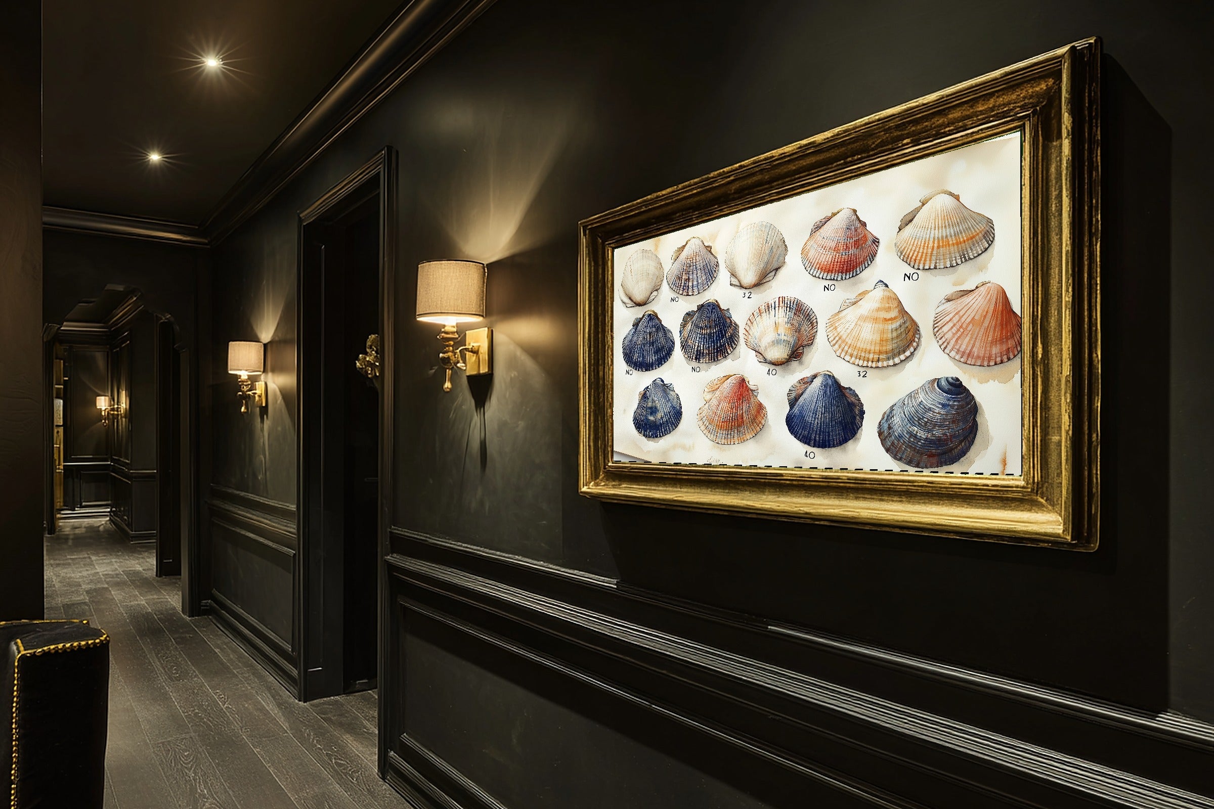 A Dreamy Coastal Shell Collection Blue White Dreamy Tropical Print — Soulful Wall Art for the Sunroom, Giclée on Canvas — coastal-shell-collection-blue-white-hallway-wall-art.jpg