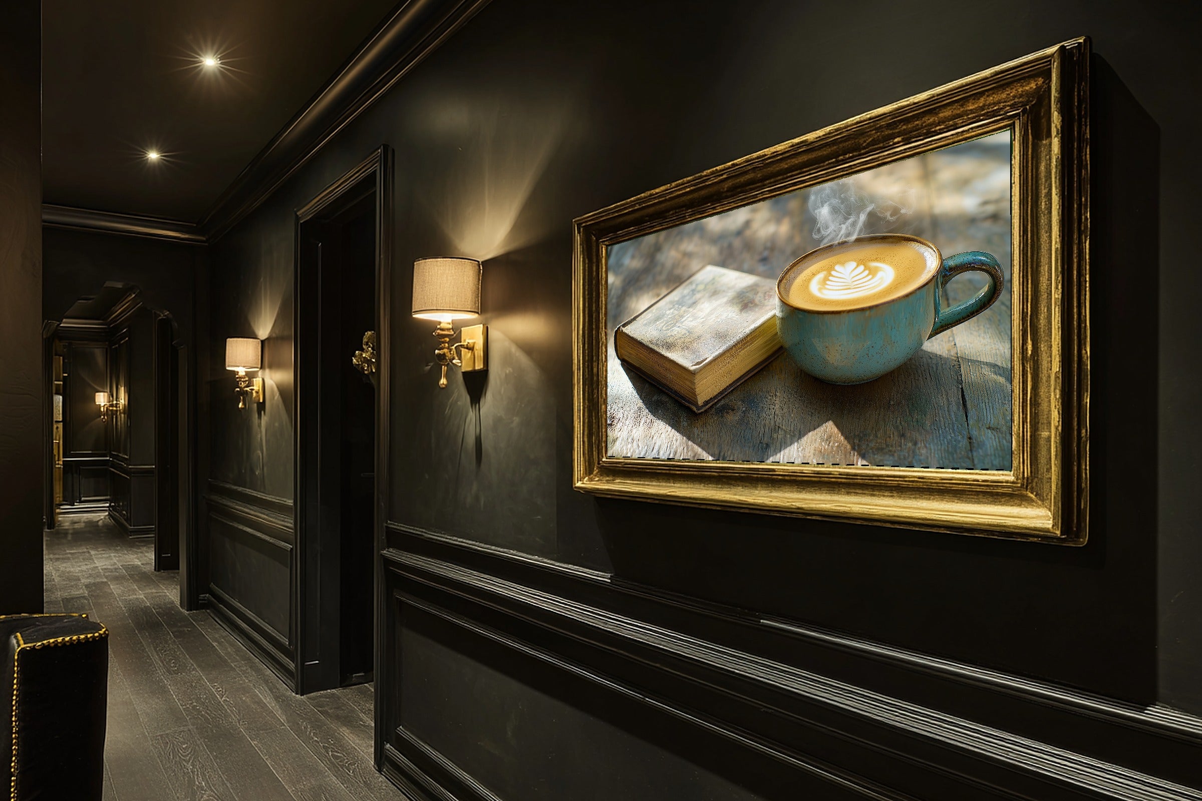 Cozy Coffee Cup Still Life Warm — Dreamy Timeless Wall Art, Warm Living Room Decor, Stretched Canvas, Ready to Hang — coffee-cup-still-life-warm-hallway-wall-art.jpg