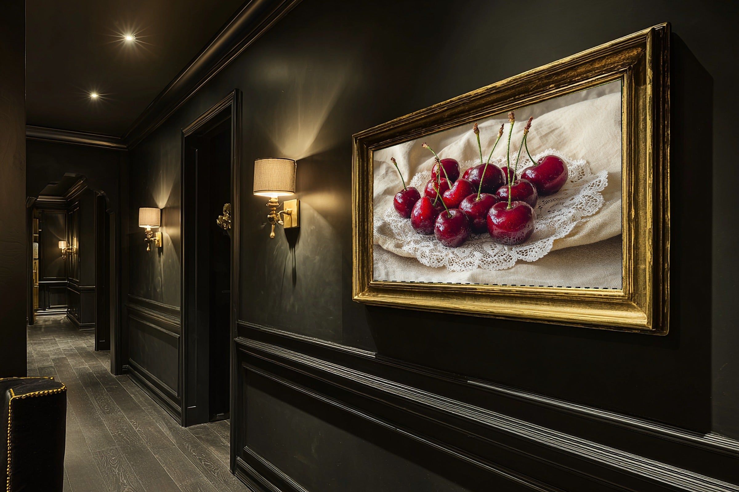 Hand-picked Coquette Cherries Lace Red Giclée Print — Stunning Soft Painterly for the Living Room, Ready-to-Hang Art Lover in Your Life Gift — coquette-cherries-lace-red-hallway-wall-art.jpg