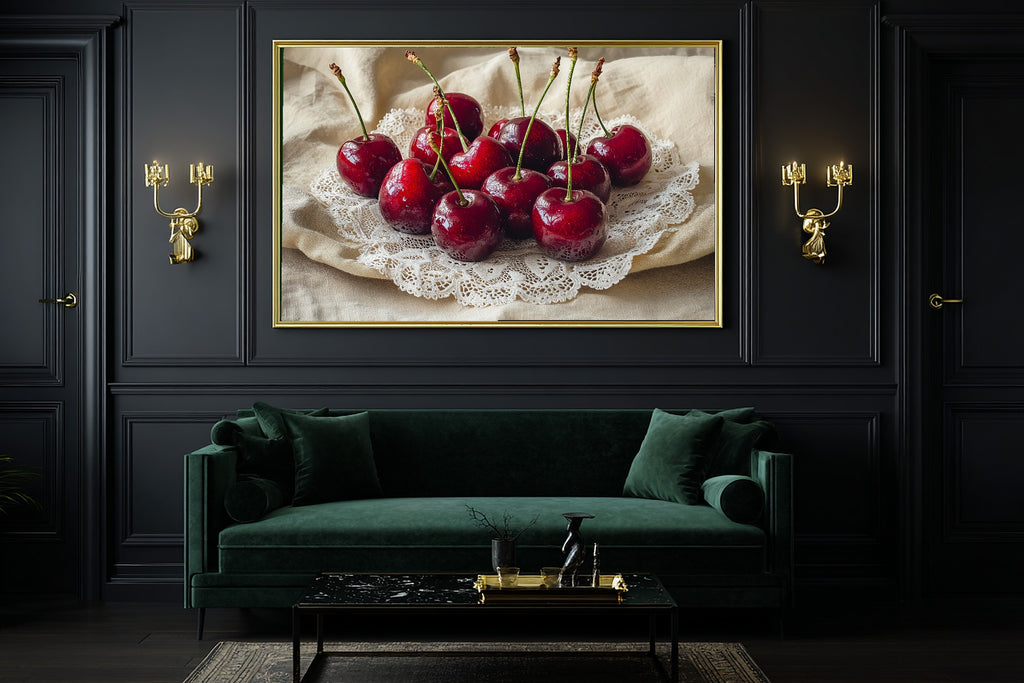 Hand-picked Coquette Cherries Lace Red Giclée Print — Stunning Soft Painterly for the Living Room, Ready-to-Hang Art Lover in Your Life Gift — coquette-cherries-lace-red-office-wall-art.jpg