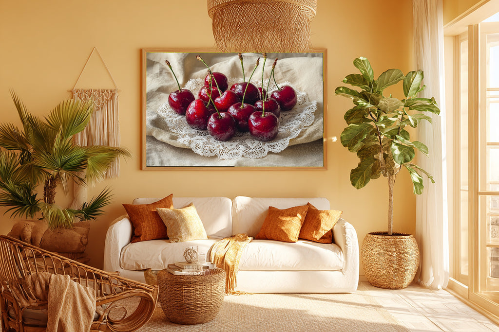 Hand-picked Coquette Cherries Lace Red Giclée Print — Stunning Soft Painterly for the Living Room, Ready-to-Hang Art Lover in Your Life Gift — coquette-cherries-lace-red-room-5-wall-art.jpg